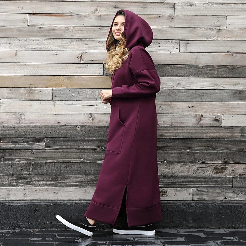 Hoodies Dress for Women Fashion 2024 Hem Lace-up Midi Robe Hooded Long Vestidos Winter Warm Casual Loose Sweatshirt Dress