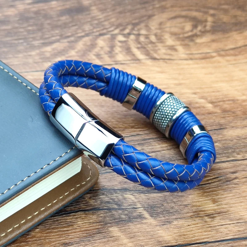 Boho Wrap Bracelet Fashion Men Blue Bracelet Double Braided Leather Stainless Steel Magnetic Clasp Bracelets Male Jewelry Gift