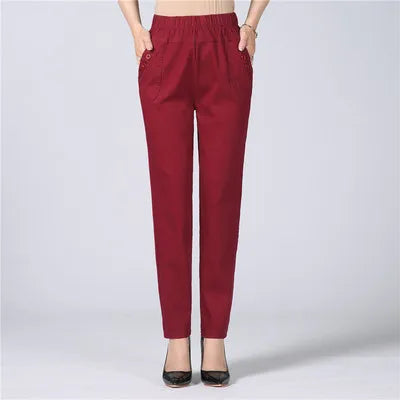 White Women's Trousers 5XL Spring Summer Autumn Female Stretch Waist Cotton Straight pants Middle aged lady Solid Casual Pants