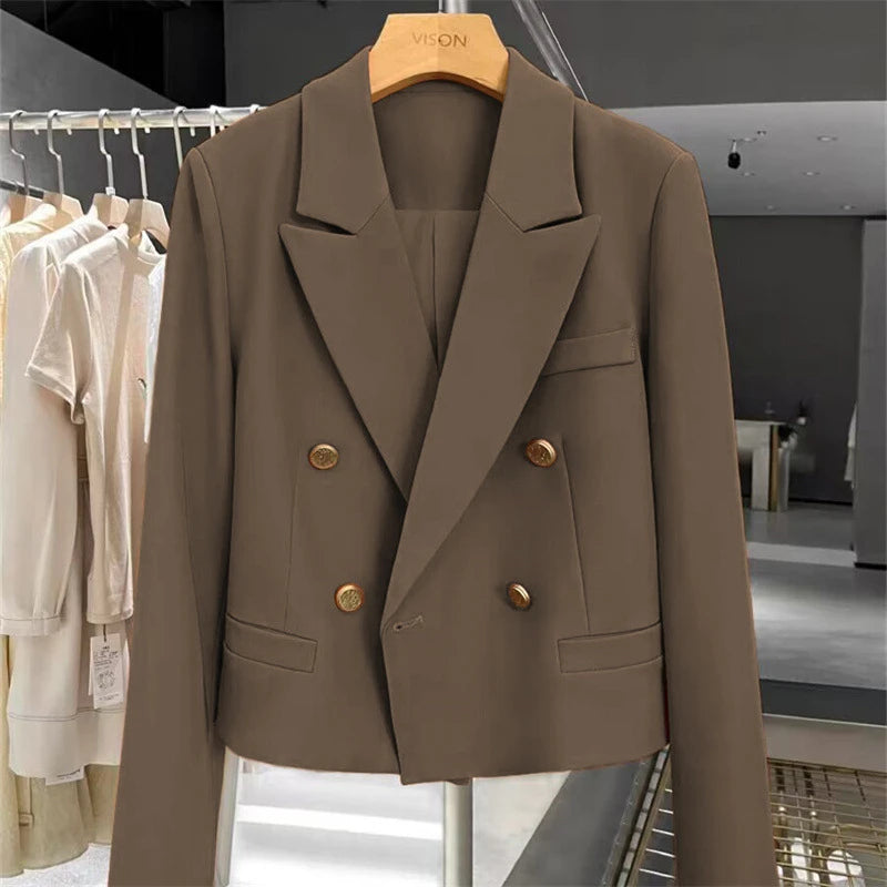 Women's Short Suit Jacket Autumn 2025 Female Casual Suit Double-breasted Office Lady Solid Coffee Turndown Collar Blazers Women