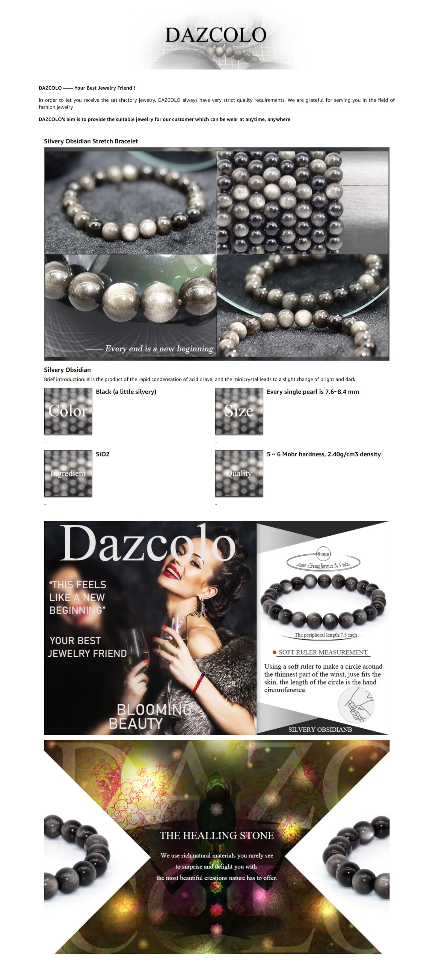 Natural Gemstone Bracelet 8mm Round Beads Healing Silver Obsidian For Women Men Party Fashion Luxury Jewelry Christmas Gifts