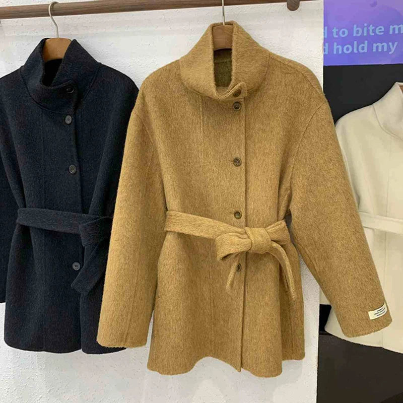 Double Sided Cashmere Coat For Women Winter Temperament Stand Collar Tied Woolen Overcoat Female Loose Waist Woolen Clothes