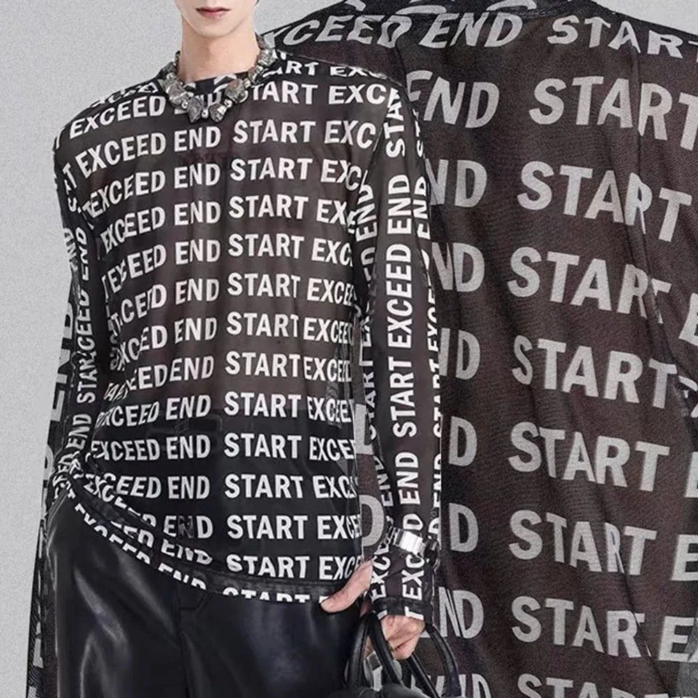 Mens Tops Fashion Letter Print Mesh Bottoming Shirt Men 2024 New American High Street Inner Wear Boys Hollow Long Sleeve T-Shirt