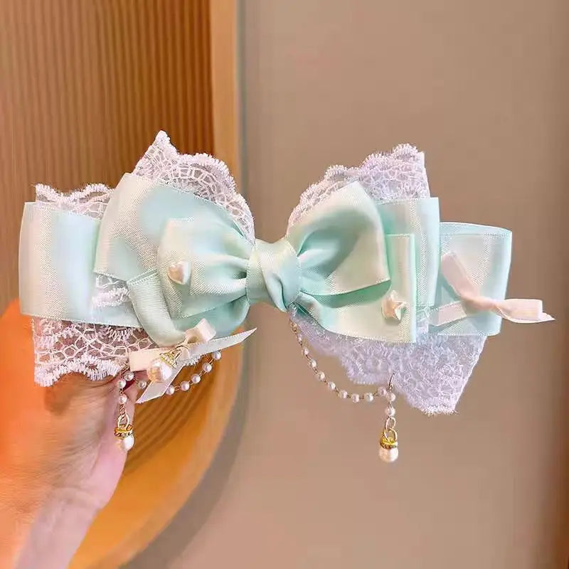 1 Women's Polyester ribbon Lace Lace Pearl chain Internet celebrity big bow tie hairpin Fashion personality Sweet and cute cheap