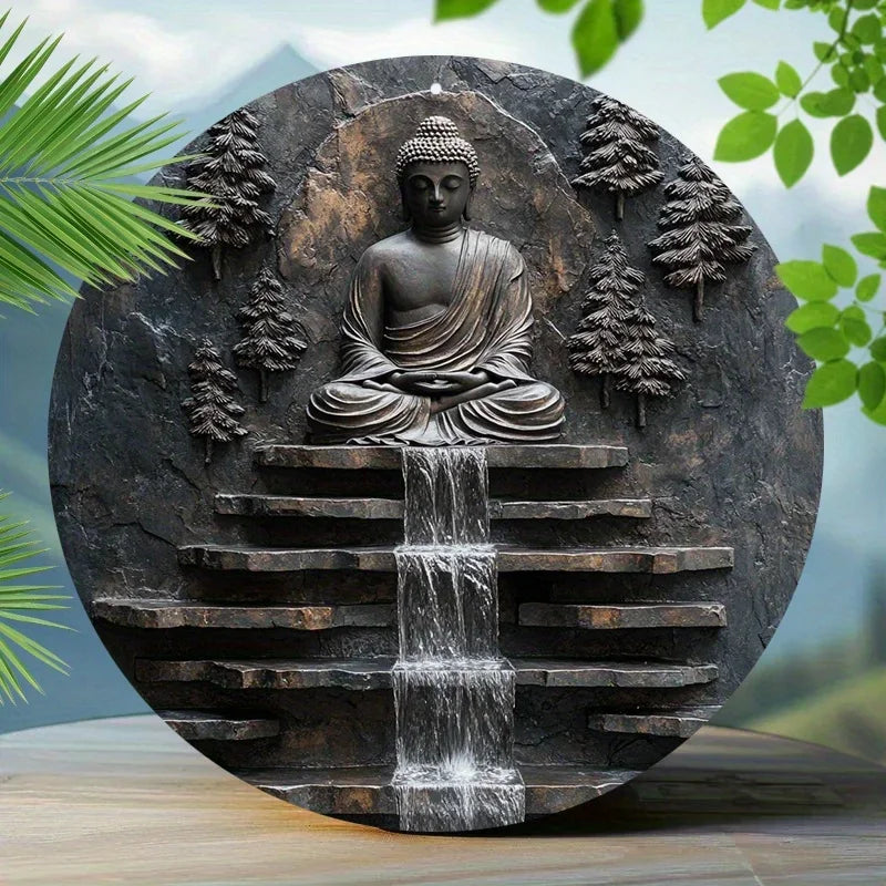 Wall art,Vintage Buddha Meditation Metal Wall Art -Sign with Serene Monk and Waterfall Design Yard, Garden Wall Art
