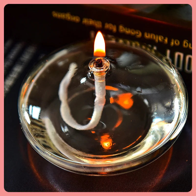 Handcrafted Flat Transparent Glass Candle Holder Oil Lamp,With a light core,Can be used as table candles,Christmas home decor at