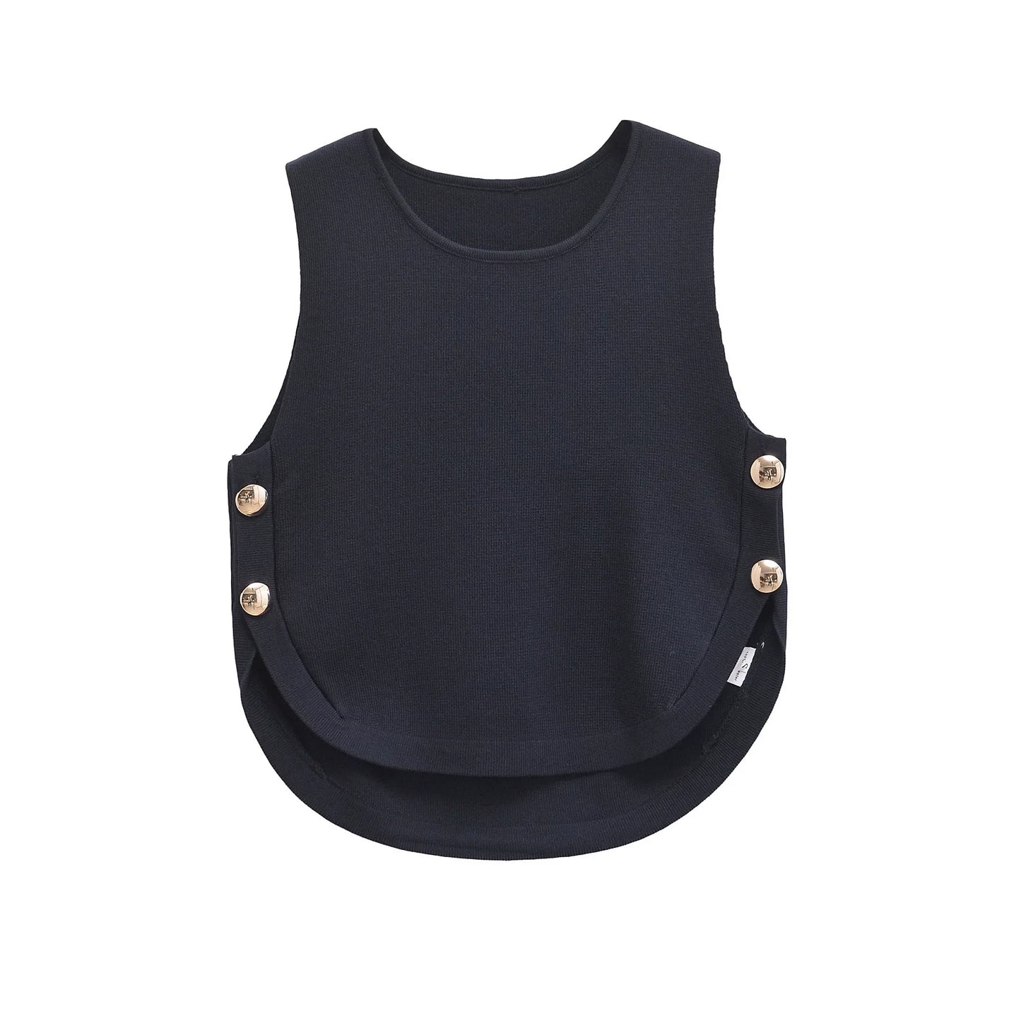 2025 Women's Chic Sleeveless Top with Side Buckles Asymmetrical Hem Casual O-neck Crop Top