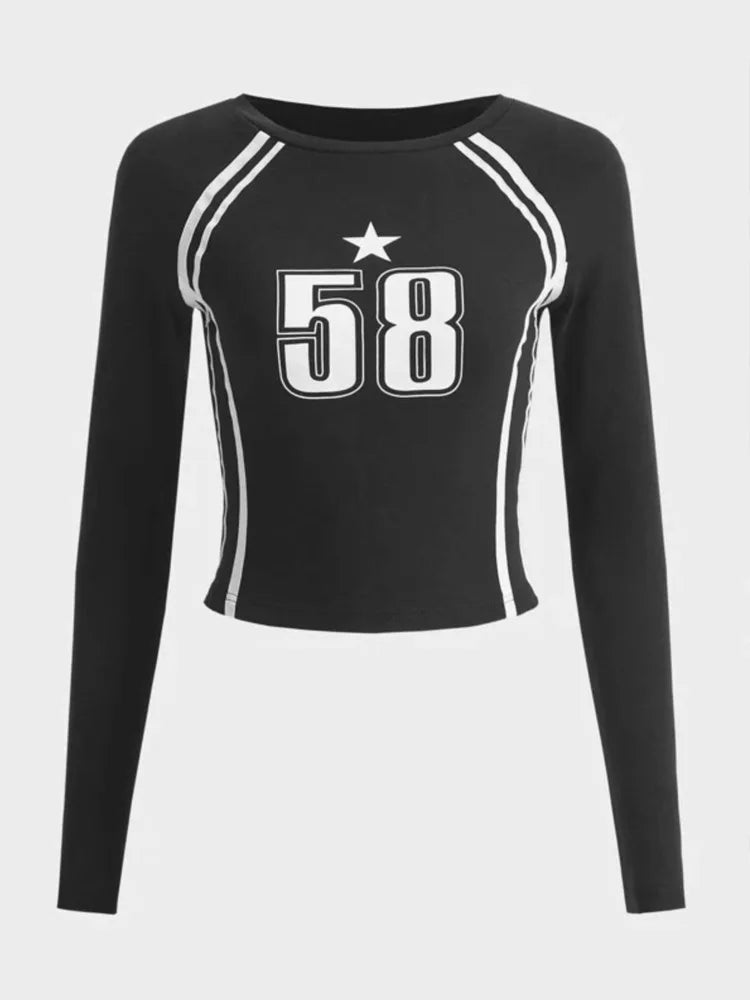 Gothic Women's Long sleeved Open Umbilical Dress Letter Printing Casual Korean Women's Top Y2k Clothing EMO