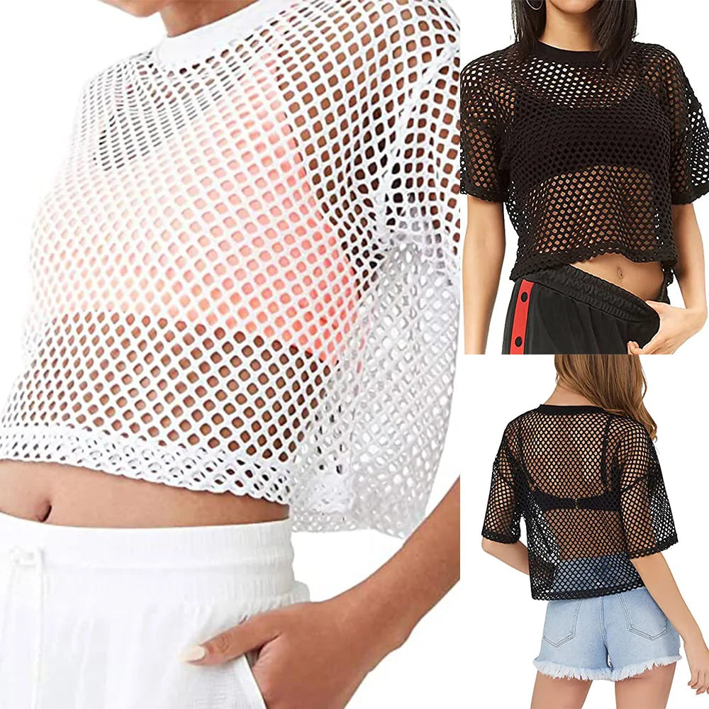 Top Women T-shirt Fashion Sexy Fishnet Solid Black White Crop Top Casual Summer See Through Woman Clothing Oversized Tees