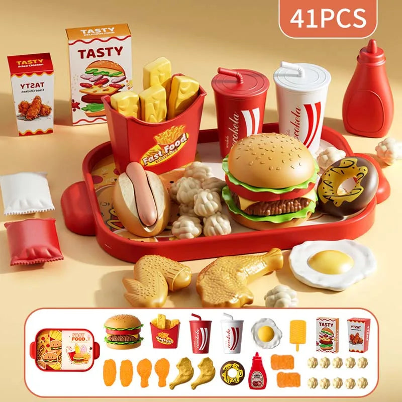 Kid Kitchen Toy Set Simulation Make Hamburger Pizza Fries Pretend Play Food Cooking Cutting Game Montessori Interactive Toy Gift