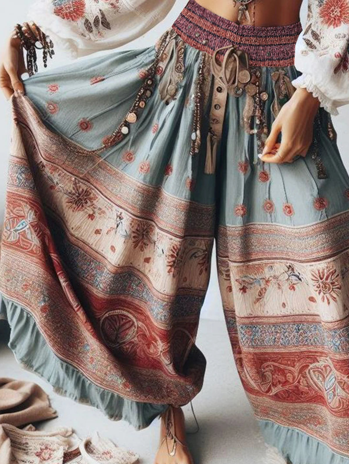 Elegant Women's Trousers Classic Retro Bohemian Patchwork High Waist Wide Leg Trousers Sexy Fashion Layered Ruffled Trousers