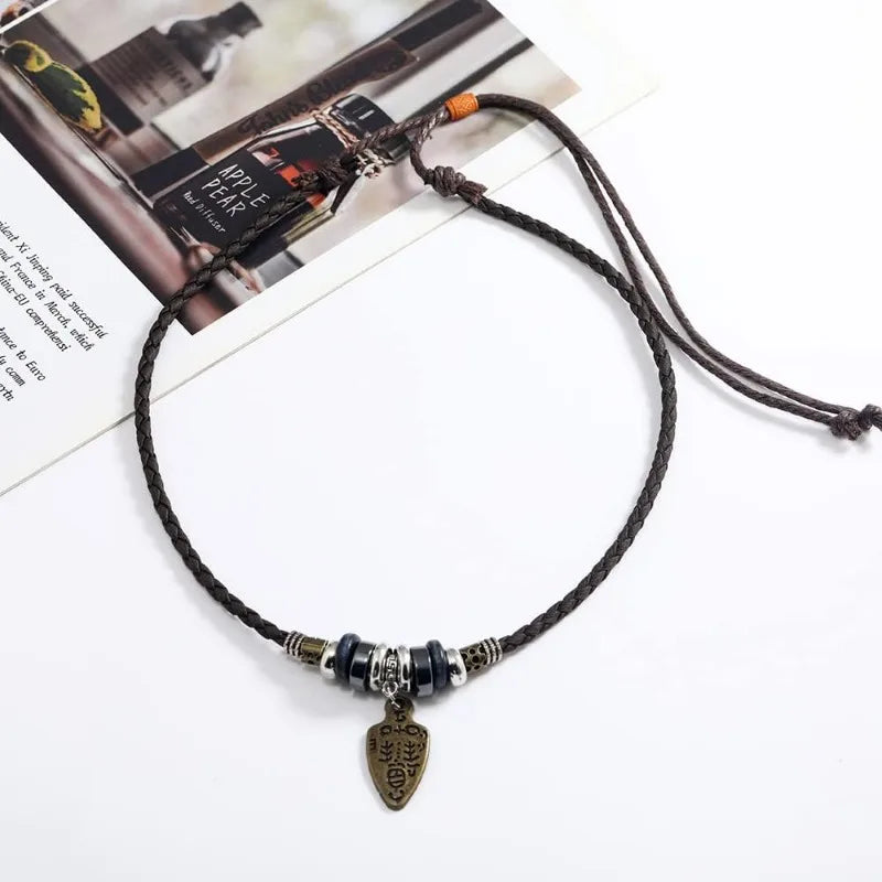Men Women Leather Necklace Vintage Tribal Style Boho Hipppie Black Braided Beaded Necklaces with Charm Pendant for Daily Use