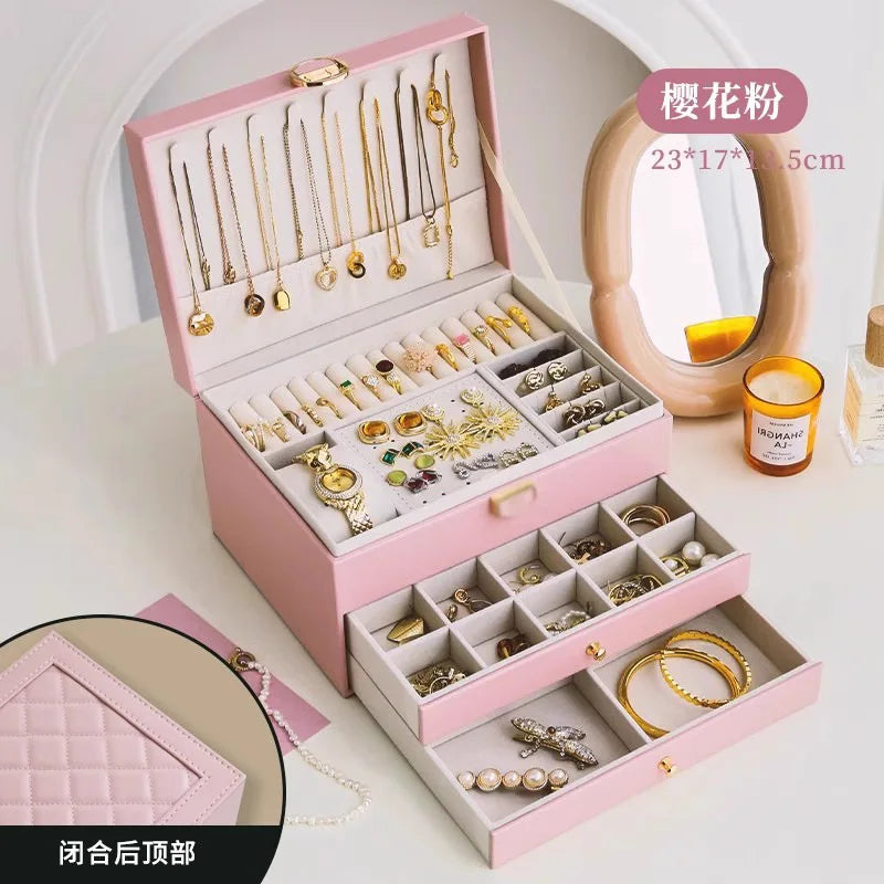 Jewelry storage box, high-end exquisite necklace earrings, gold jewelry box, large capacity multi-layer jewelry box