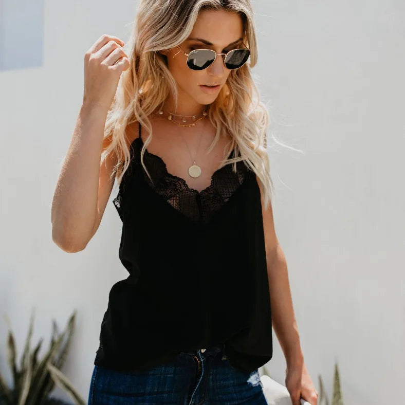 Women Tops Elegant Tank Top Tube Top Silk Satin Camisole Plain Strappy Vest Tops Sleeveless Blouse French Tuning Delicate Lace