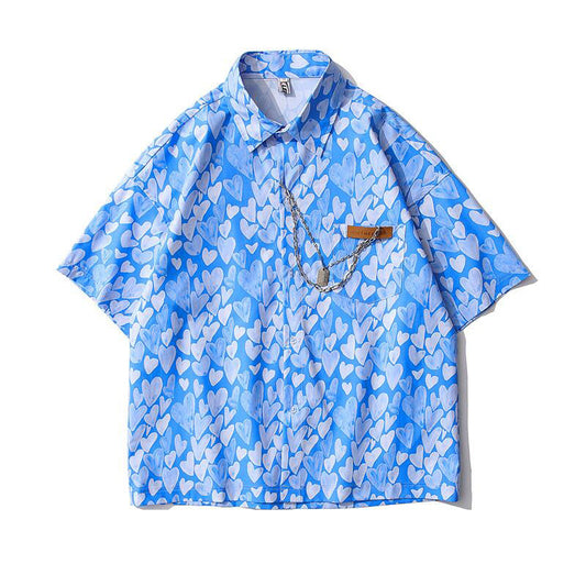 All Over Love Printed Cotton Short-Sleeved Shirt For Men And Women Loose Couples Trend Summer Tops