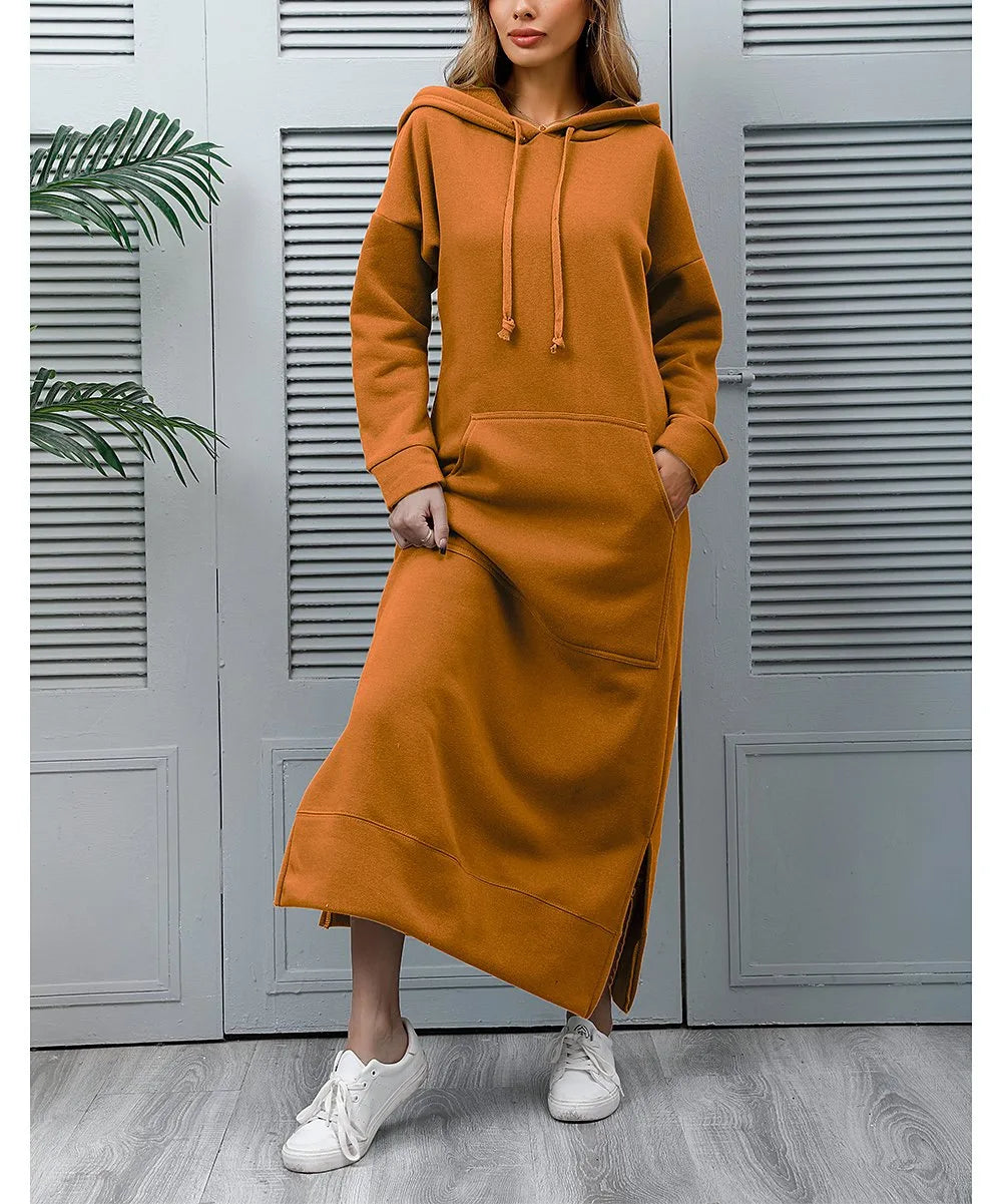Hoodies Dress for Women Fashion  2024 Hem Lace-up Midi Robe Hooded Long Vestidos Winter Warm Casual Loose Sweatshirt Dress