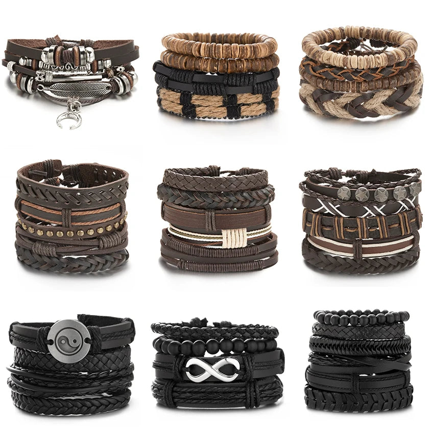 Trendy Leather Bracelets Men Women Vintage Brown Multilayer Braided Rope Bracelets Charm Wrap Wristbands Jewelry Pulsera Hombre