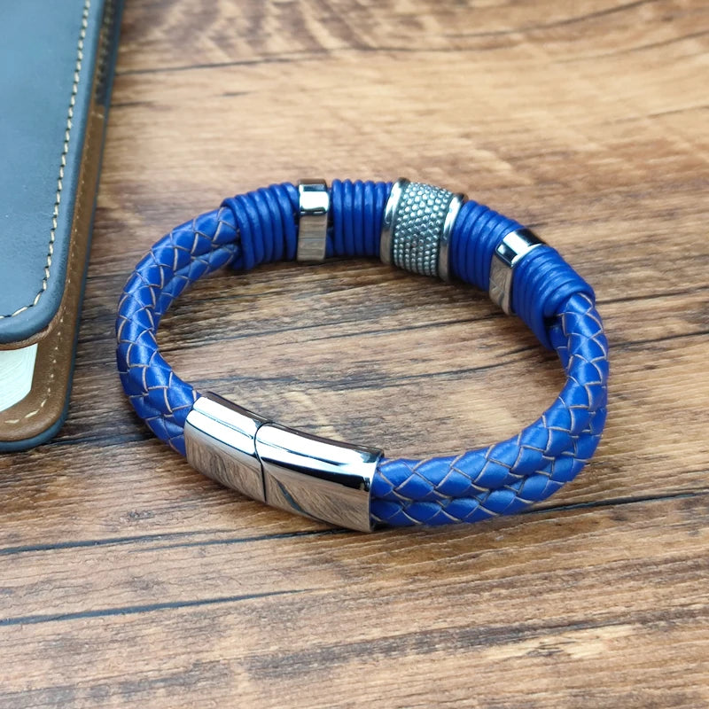 Boho Wrap Bracelet Fashion Men Blue Bracelet Double Braided Leather Stainless Steel Magnetic Clasp Bracelets Male Jewelry Gift