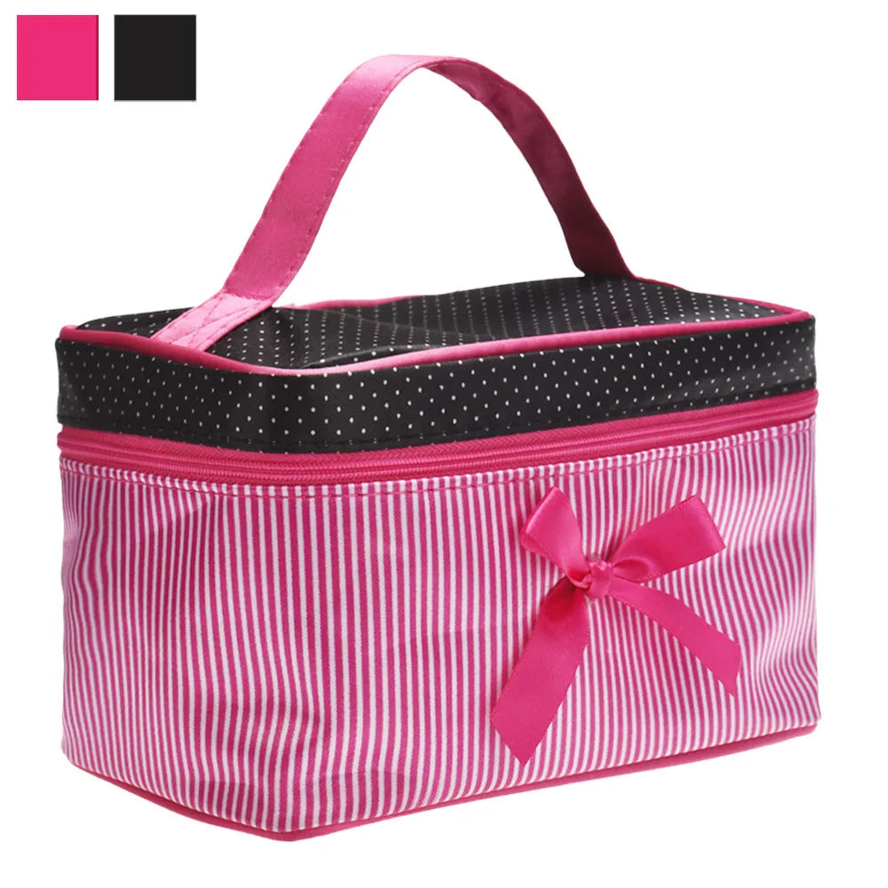 Women Travel Bow Stripe Make Up Bags Girl Cosmetic Bag Makeup Beauty Bra Wash Organizer Toiletry Pouch Storage Kit Bath Case