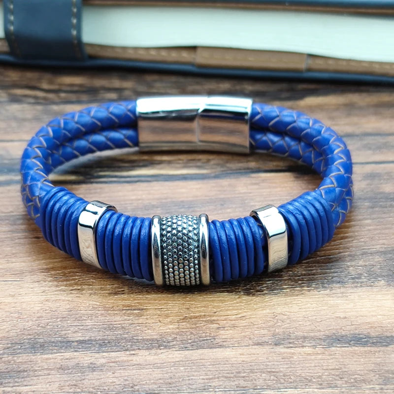 Boho Wrap Bracelet Fashion Men Blue Bracelet Double Braided Leather Stainless Steel Magnetic Clasp Bracelets Male Jewelry Gift