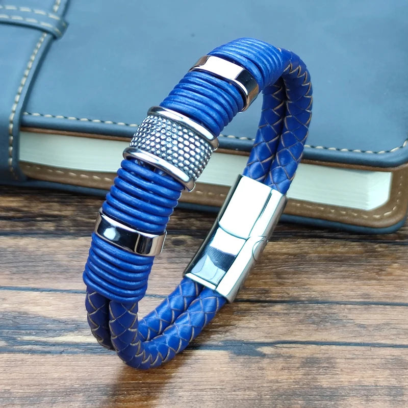 Boho Wrap Bracelet Fashion Men Blue Bracelet Double Braided Leather Stainless Steel Magnetic Clasp Bracelets Male Jewelry Gift