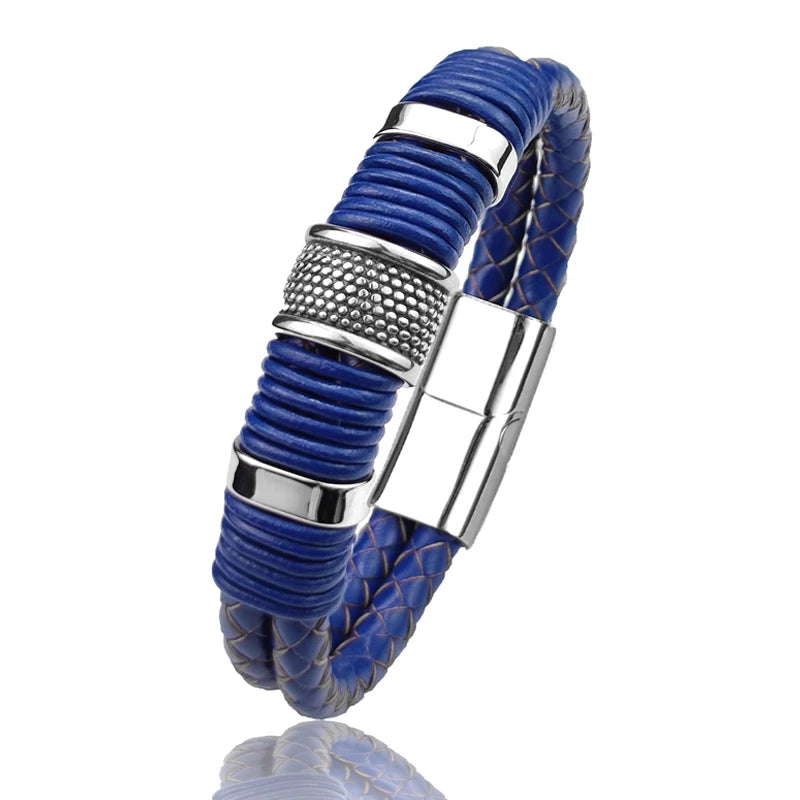 Boho Wrap Bracelet Fashion Men Blue Bracelet Double Braided Leather Stainless Steel Magnetic Clasp Bracelets Male Jewelry Gift