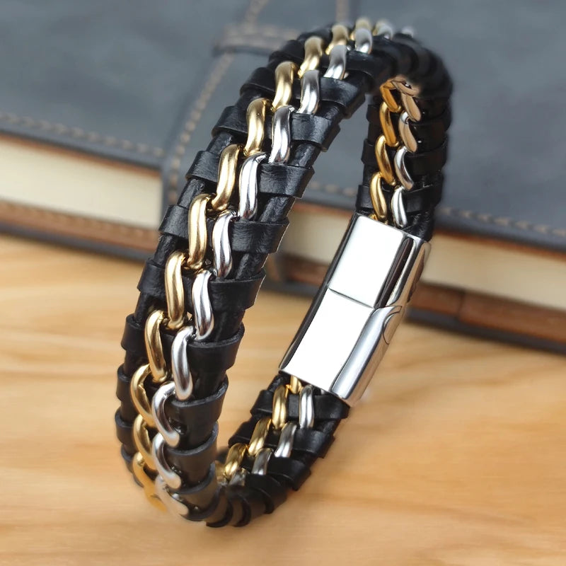 Genuine Leather Chain Bracelet for Men Magnetic Stainless Steel Clasp in Plated Gold Exclusive Jewellery Gift Wholesale Dropping
