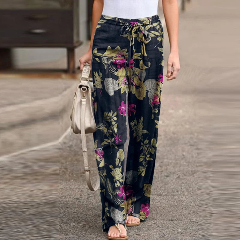 Vintage Women Drawstring Trousers Spring Autumn Fashion Floral Printed Wide Leg Pants Ladies Casual Loose Long Pantalones