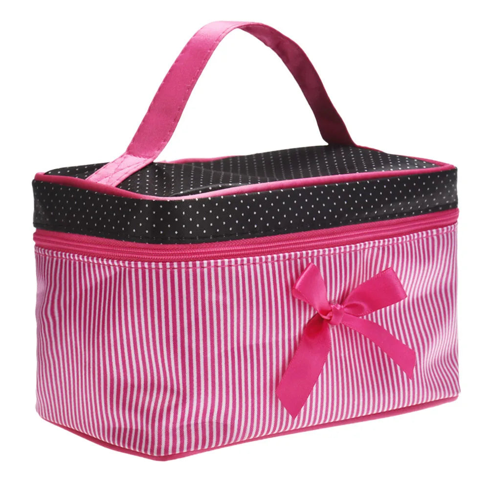 Women Travel Bow Stripe Make Up Bags Girl Cosmetic Bag Makeup Beauty Bra Wash Organizer Toiletry Pouch Storage Kit Bath Case