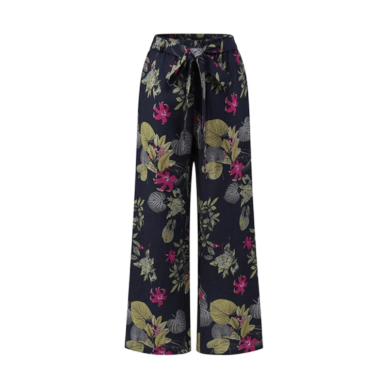 Vintage Women Drawstring Trousers Spring Autumn Fashion Floral Printed Wide Leg Pants Ladies Casual Loose Long Pantalones
