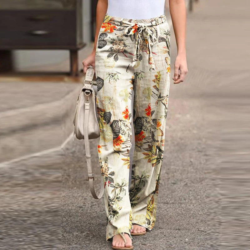Vintage Women Drawstring Trousers Spring Autumn Fashion Floral Printed Wide Leg Pants Ladies Casual Loose Long Pantalones