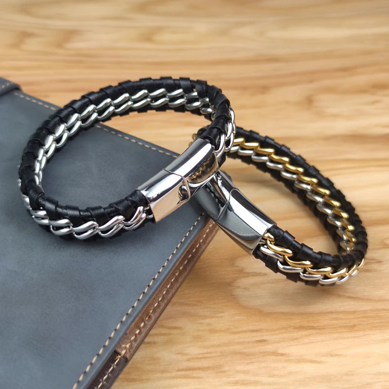 Genuine Leather Chain Bracelet for Men Magnetic Stainless Steel Clasp in Plated Gold Exclusive Jewellery Gift Wholesale Dropping