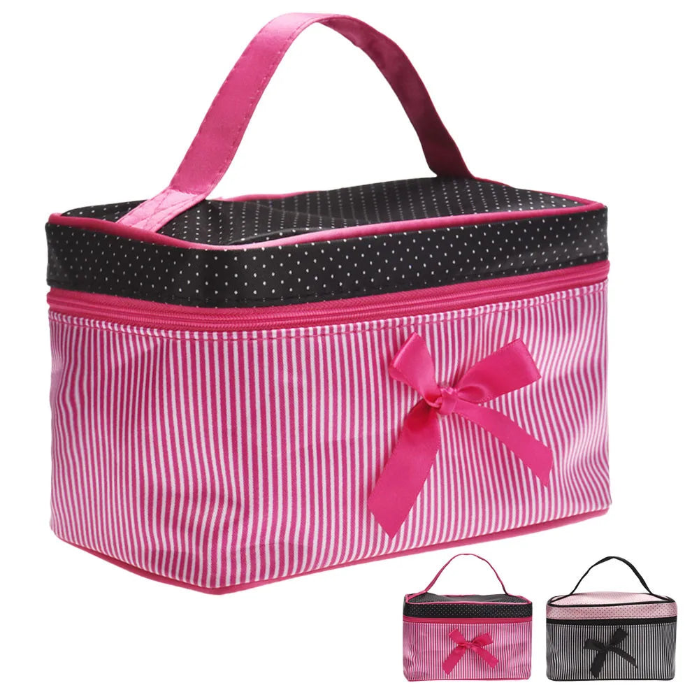 Women Travel Bow Stripe Make Up Bags Girl Cosmetic Bag Makeup Beauty Bra Wash Organizer Toiletry Pouch Storage Kit Bath Case