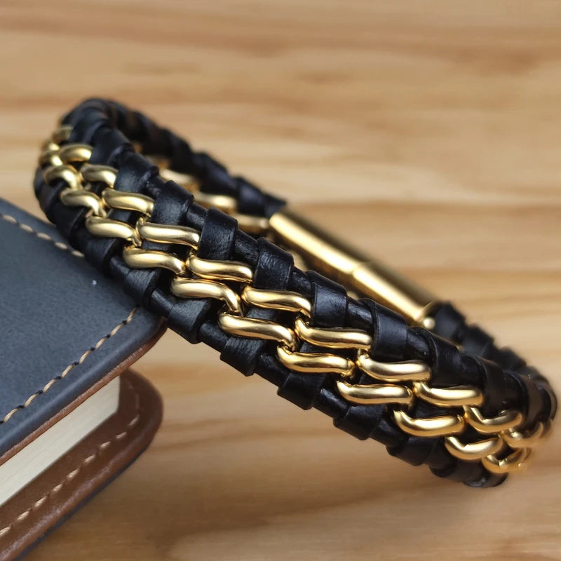 Genuine Leather Chain Bracelet for Men Magnetic Stainless Steel Clasp in Plated Gold Exclusive Jewellery Gift Wholesale Dropping