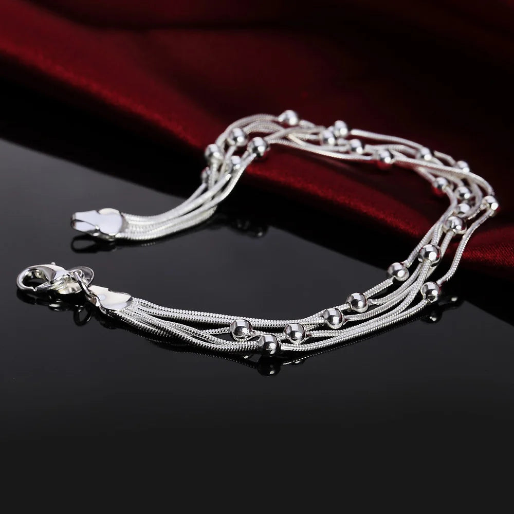 925 Delicate Silver Bracelet, 925 Sterling Silver Jewelry Five Line Beads Ball Bracelets Bangle for Women Pulseiras De Prata