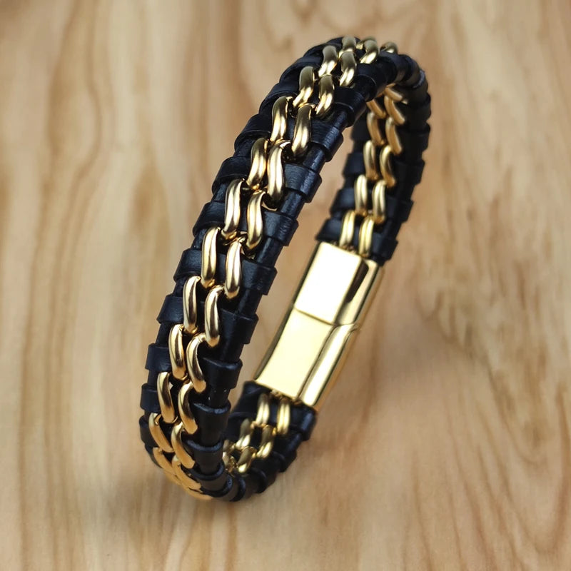 Genuine Leather Chain Bracelet for Men Magnetic Stainless Steel Clasp in Plated Gold Exclusive Jewellery Gift Wholesale Dropping