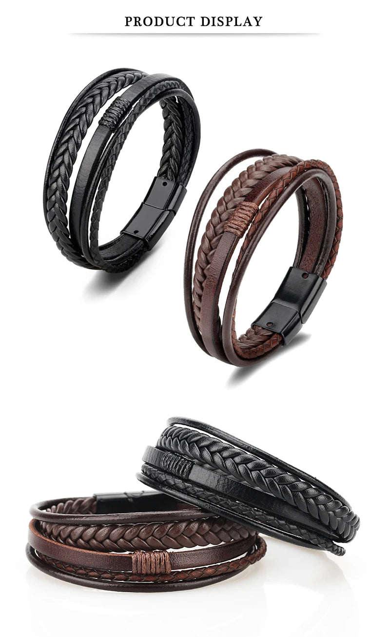 Leather Bracelets for Men Male Multilayer Braided Bracelets Bangles Punk Vintage Jewelry Pulsera Hombre Gift for Cool Boy