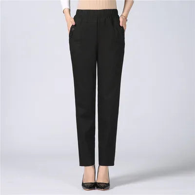 White Women's Trousers 5XL Spring Summer Autumn Female Stretch Waist Cotton Straight pants Middle aged lady Solid Casual Pants