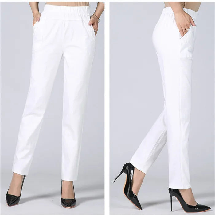 White Women's Trousers 5XL Spring Summer Autumn Female Stretch Waist Cotton Straight pants Middle aged lady Solid Casual Pants