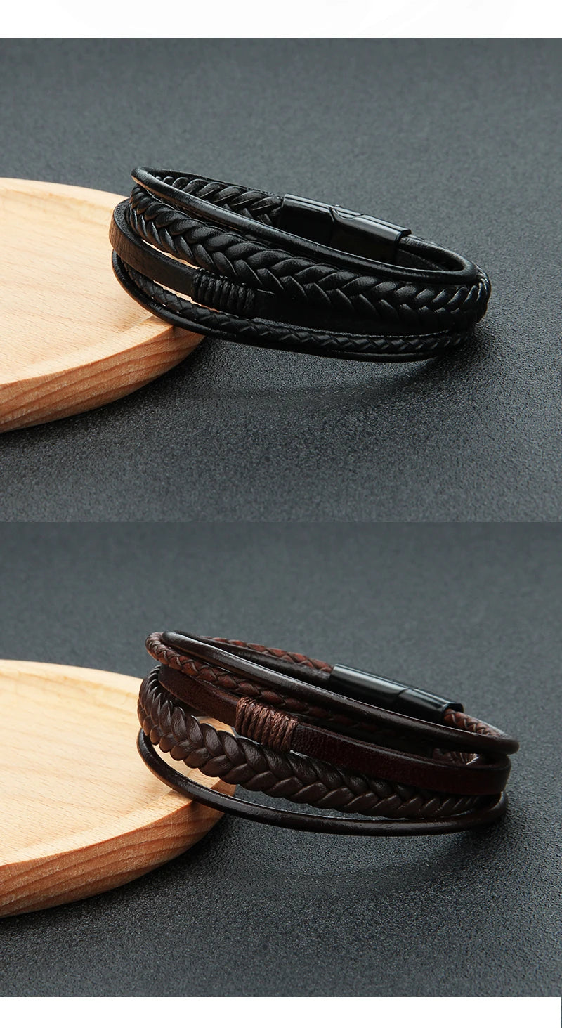 Leather Bracelets for Men Male Multilayer Braided Bracelets Bangles Punk Vintage Jewelry Pulsera Hombre Gift for Cool Boy