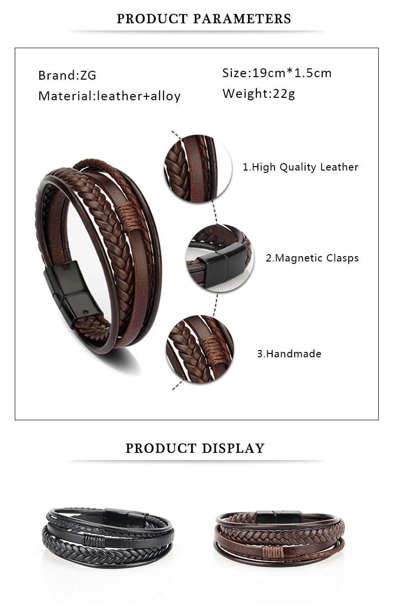 Leather Bracelets for Men Male Multilayer Braided Bracelets Bangles Punk Vintage Jewelry Pulsera Hombre Gift for Cool Boy