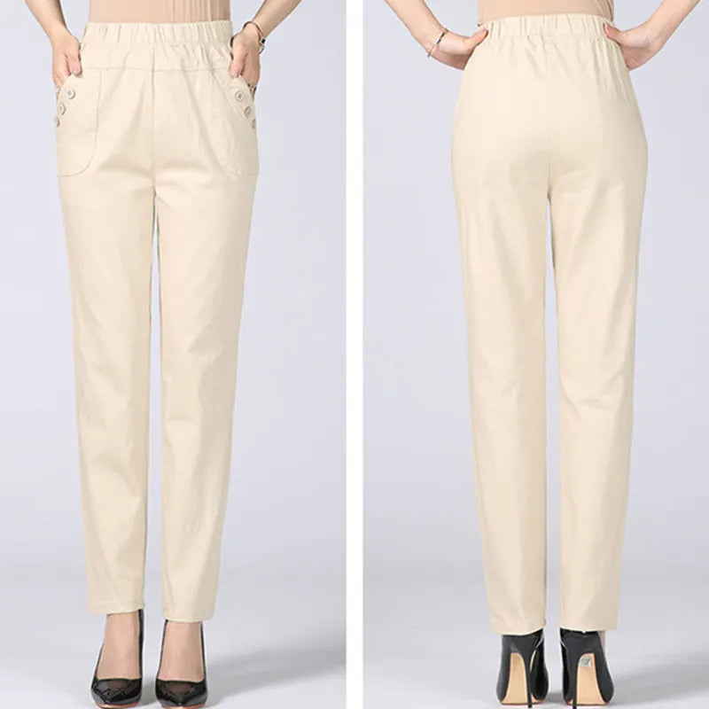White Women's Trousers 5XL Spring Summer Autumn Female Stretch Waist Cotton Straight pants Middle aged lady Solid Casual Pants