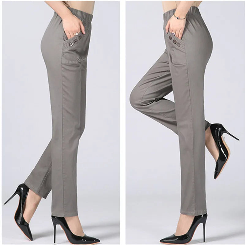 White Women's Trousers 5XL Spring Summer Autumn Female Stretch Waist Cotton Straight pants Middle aged lady Solid Casual Pants