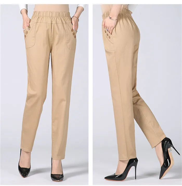 White Women's Trousers 5XL Spring Summer Autumn Female Stretch Waist Cotton Straight pants Middle aged lady Solid Casual Pants