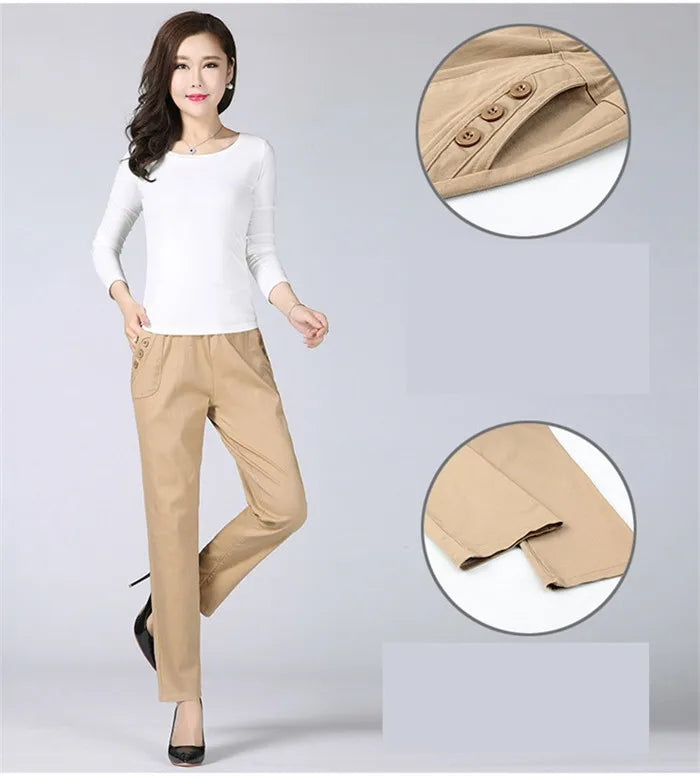 White Women's Trousers 5XL Spring Summer Autumn Female Stretch Waist Cotton Straight pants Middle aged lady Solid Casual Pants