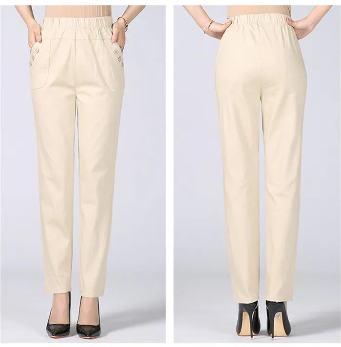 White Women's Trousers 5XL Spring Summer Autumn Female Stretch Waist Cotton Straight pants Middle aged lady Solid Casual Pants
