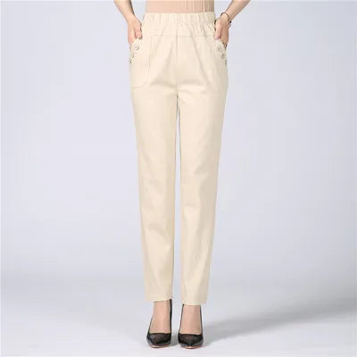 White Women's Trousers 5XL Spring Summer Autumn Female Stretch Waist Cotton Straight pants Middle aged lady Solid Casual Pants