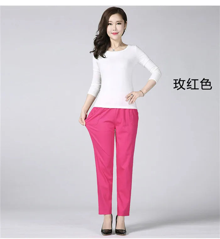 White Women's Trousers 5XL Spring Summer Autumn Female Stretch Waist Cotton Straight pants Middle aged lady Solid Casual Pants