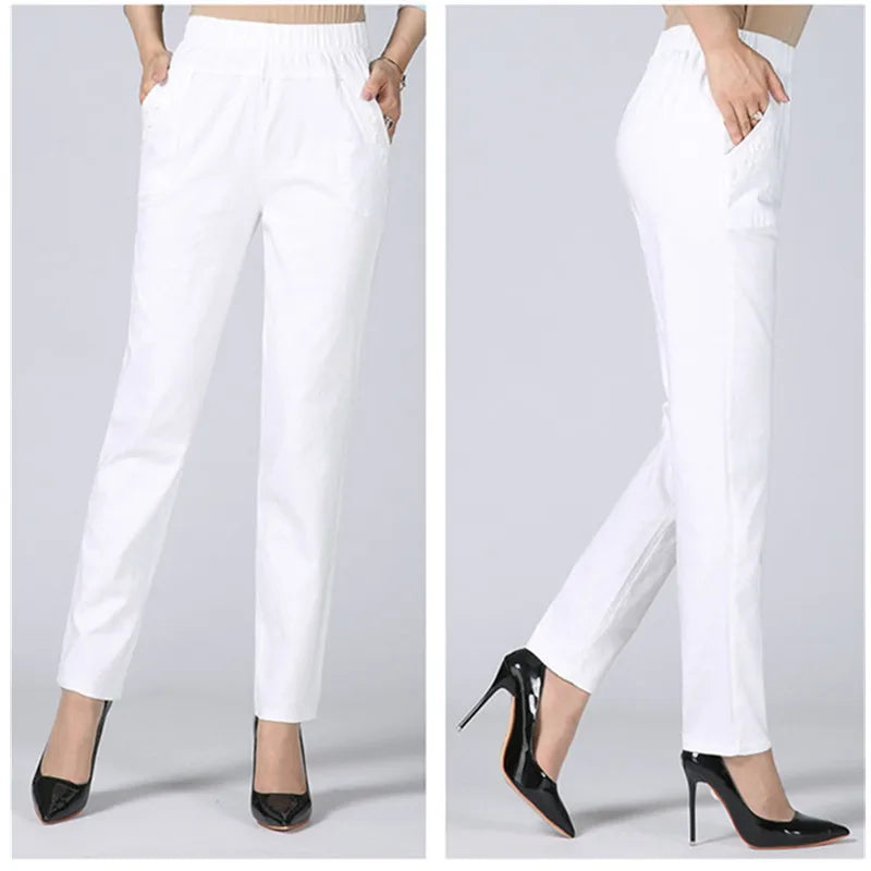 White Women's Trousers 5XL Spring Summer Autumn Female Stretch Waist Cotton Straight pants Middle aged lady Solid Casual Pants