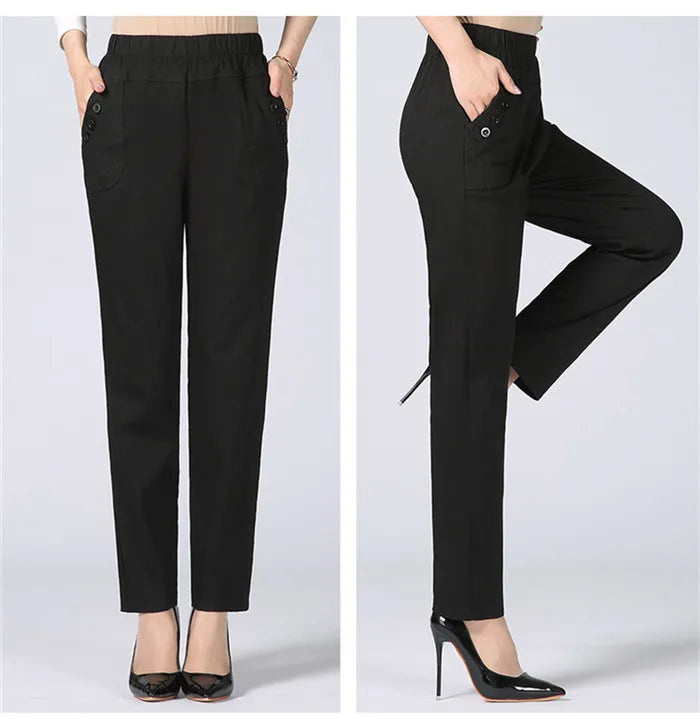 White Women's Trousers 5XL Spring Summer Autumn Female Stretch Waist Cotton Straight pants Middle aged lady Solid Casual Pants